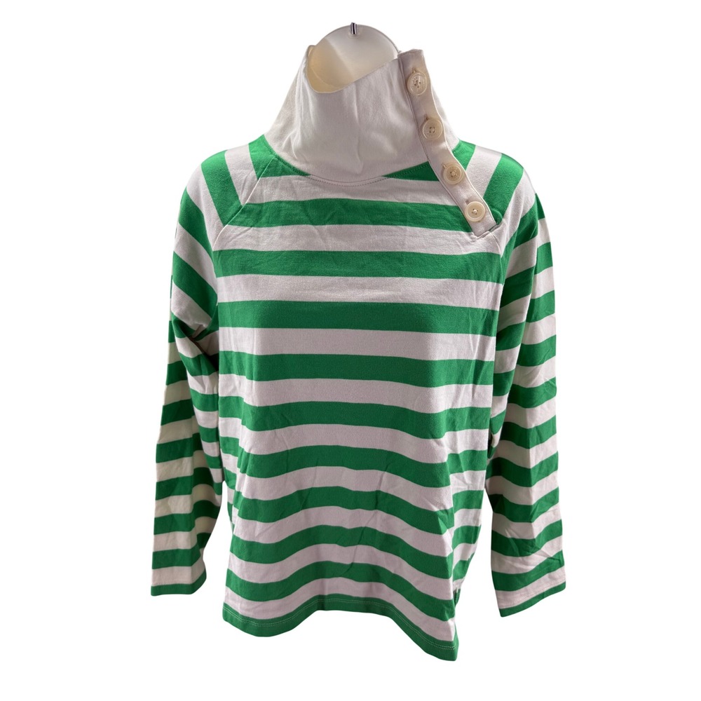J.Crew Green White Striped Button Shoulder Funnel Neck Shirt Long Sleeve XS NEW